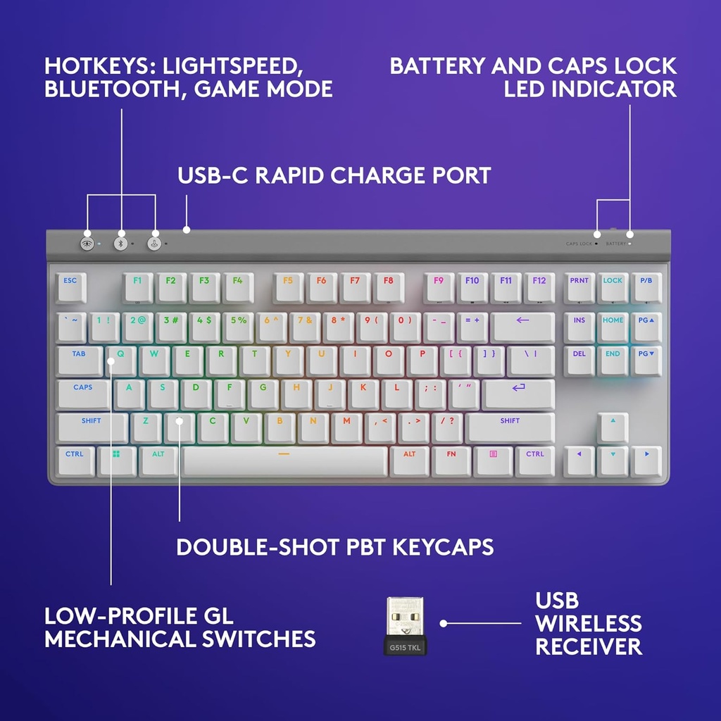 LOGITECH G515 LIGHTSPEED TKL | Tactile Brown Switch | WHITE